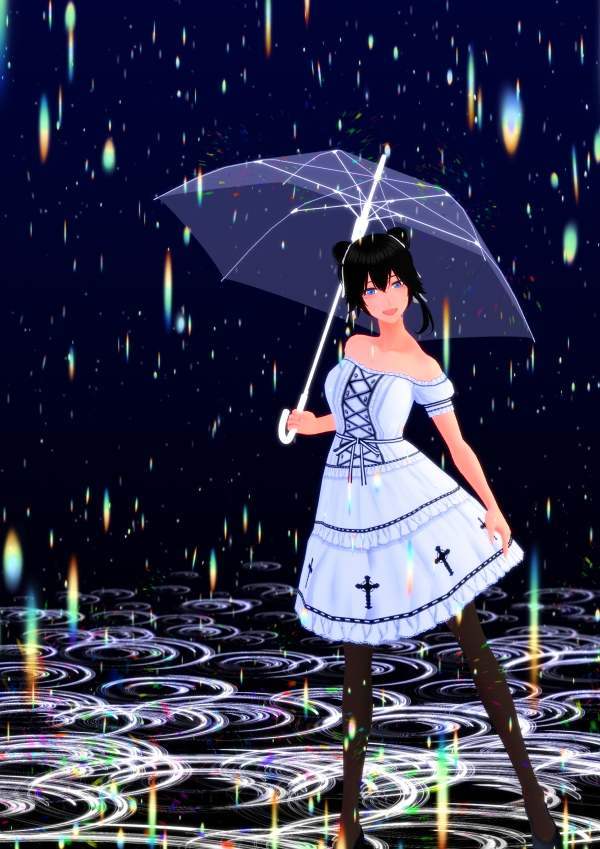 光の雨と傘をさす女の子イラスト（カクヨさん）