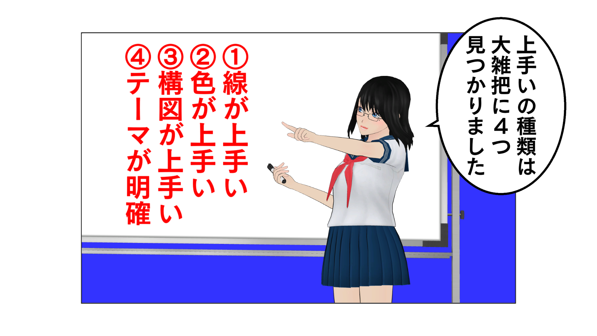 上手いの種類は、大雑把に４つ見つかりました。１「線が上手い」。２「色が上手い」。３「構図が上手い」。４「テーマが明確」。