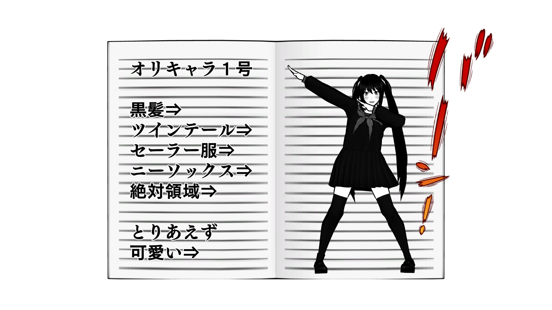 バーン!オリキャラ1号。黒髪⇒ツインテール⇒セーラー服⇒ニーソックス⇒絶対領域⇒とりあえず可愛い⇒オリジナルキャラクターの女の子。