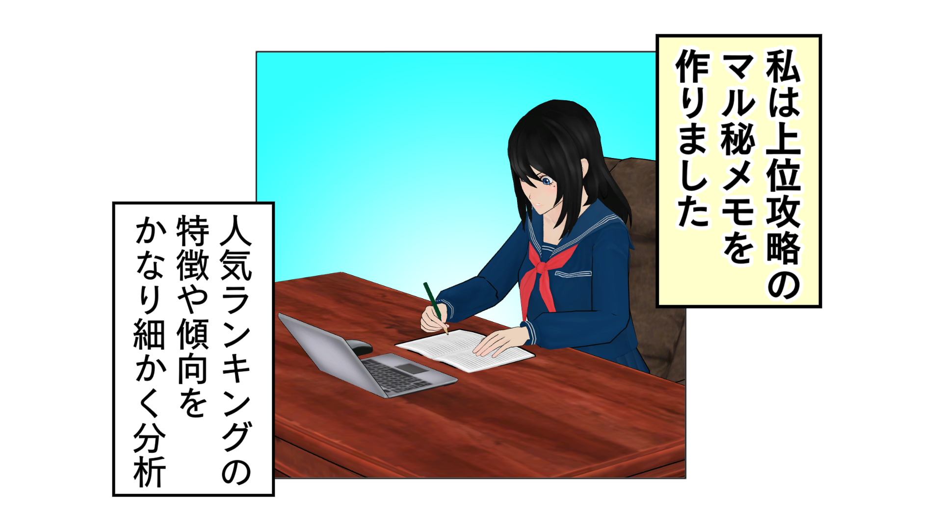 私は上位攻略のマル秘メモを作りました。人気ランキングの特徴や傾向を、かなり細かく分析。