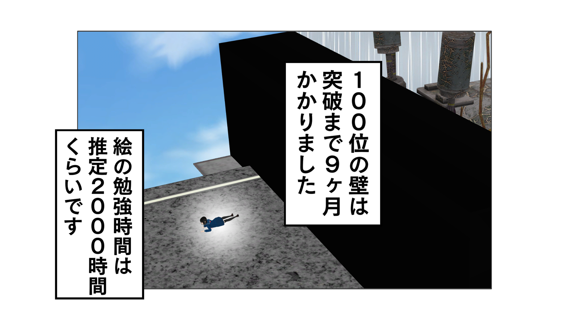 100位の壁は突破まで9ヵ月かかりました。絵の勉強時間は推定2000時間くらいです。