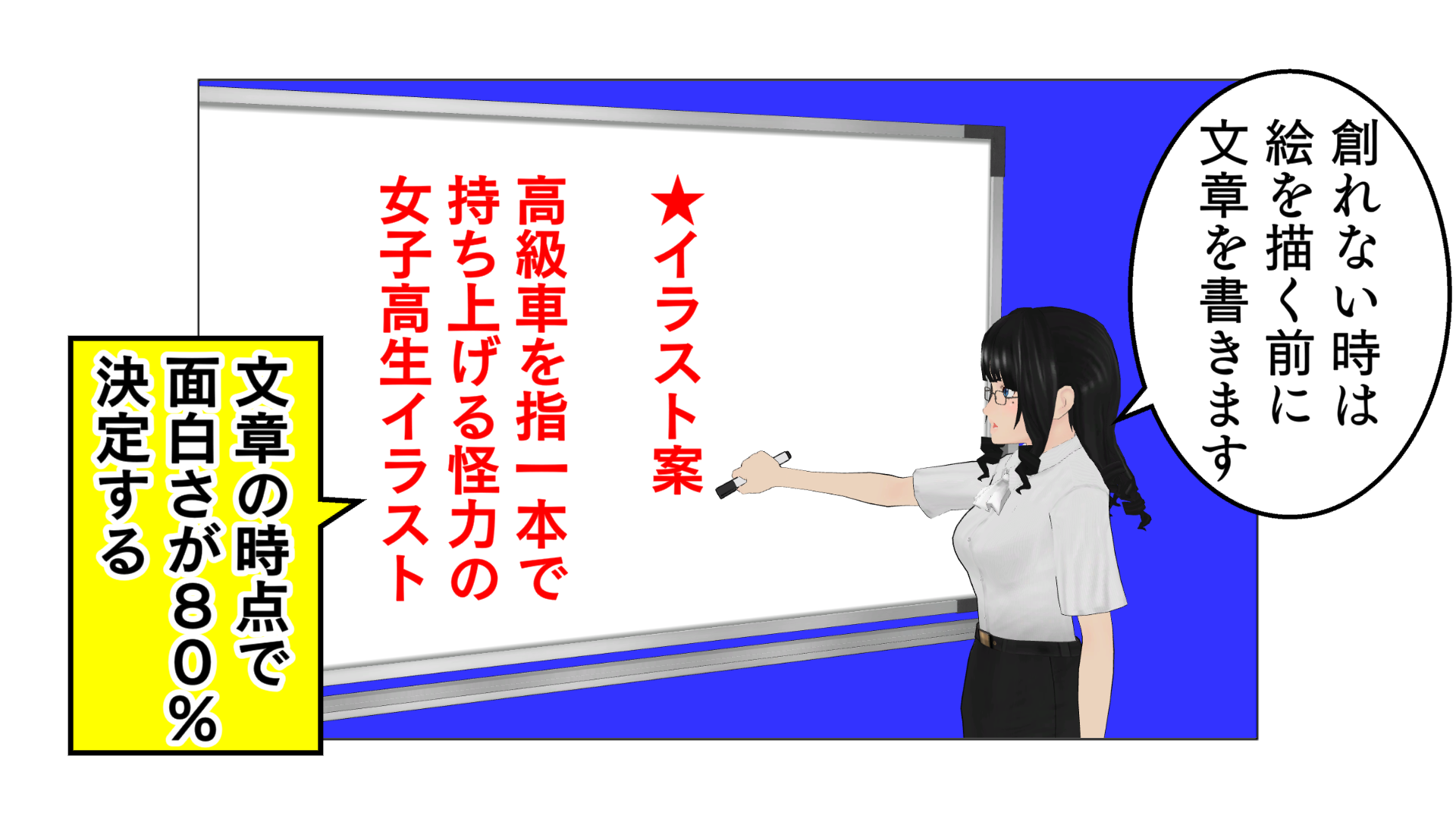 創れない時は、絵を描く前に文章を書きます。イラスト案、高級車を指一本で持ち上げる怪力の女子高生イラスト。文章の時点で、面白さが80％決定する。