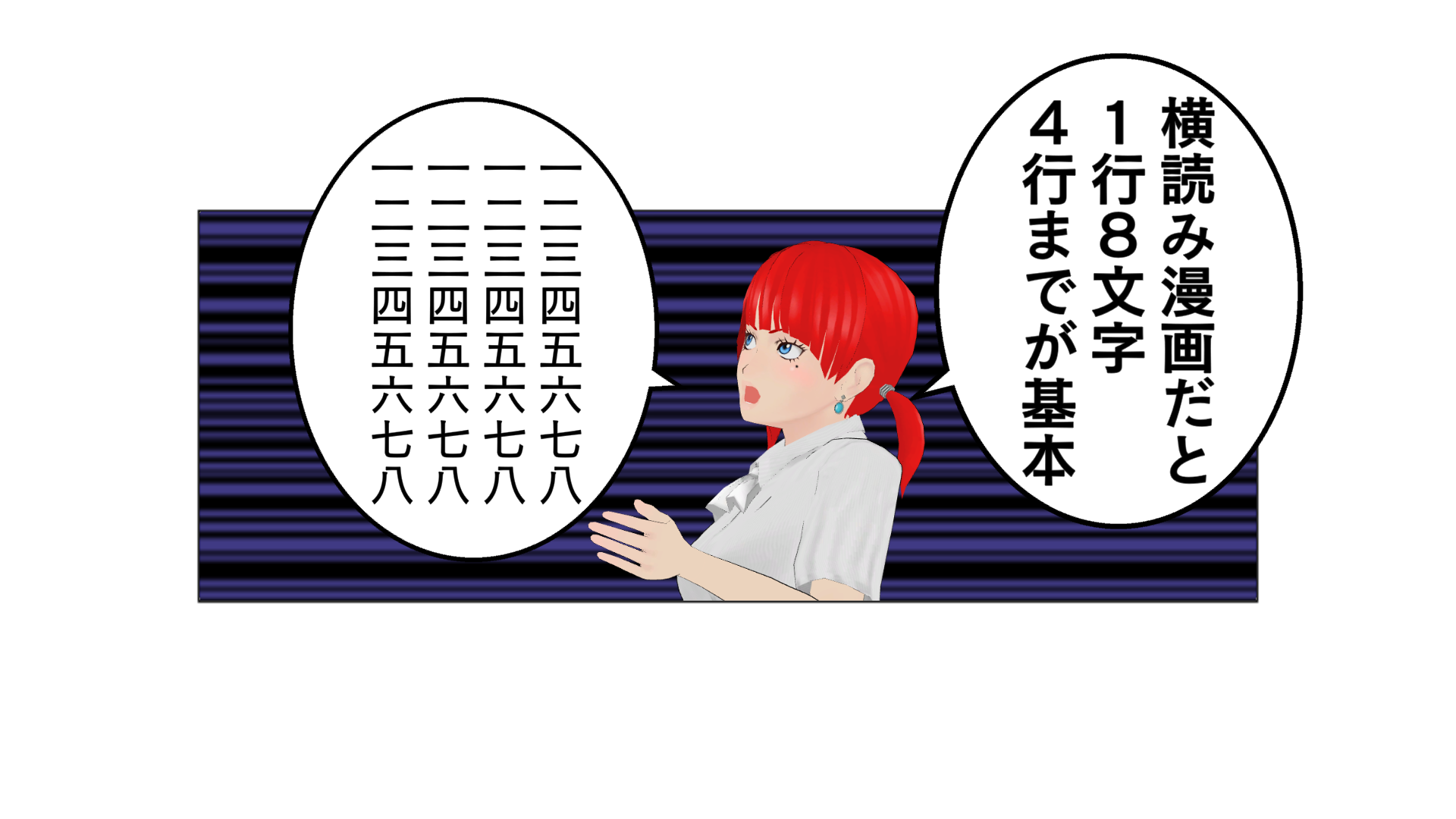 横読み漫画だと、１行８文字、４行までが基本。