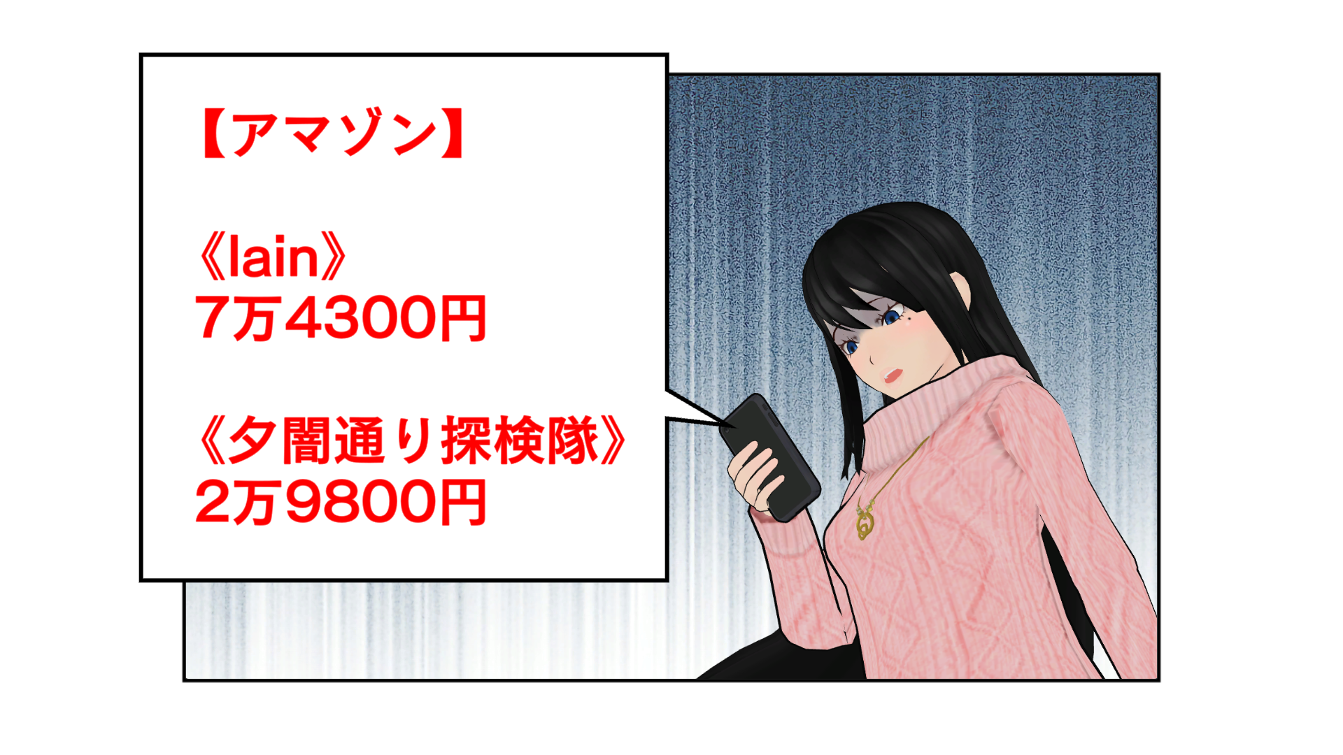 アマゾン。「lain:7万4300円」。「夕闇通り探検隊:2万9800円」。