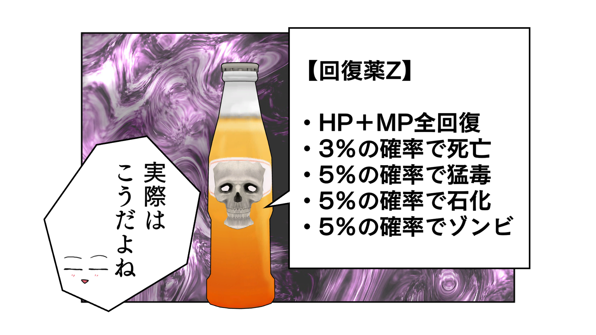 回復薬Z「HP＋MP全回復」「３％の確率で死亡」「５％の確率で猛毒」「５％の確率で石化」「５％の確率でゾンビ」。実際はこうだよね。