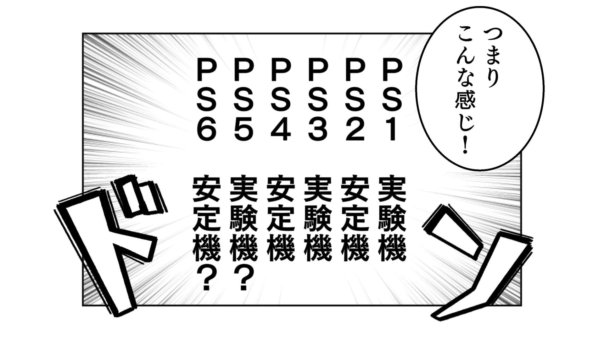 つまりこんな感じ！「PS1：実験機」「PS2：安定機」「PS3：実験機」「PS4：安定機」「PS5：実験機」「PS6：安定機」。